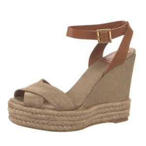 Tory Burch gold/brown Canvas Bima espadrille wedge Sandals 9.0